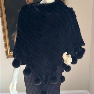 Stylish Black Fur Poncho with Pom Poms